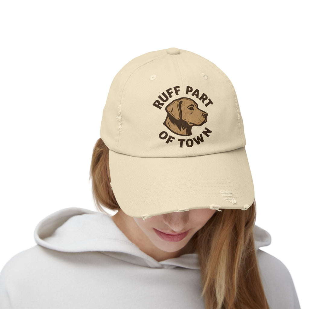 Ruff Part of Town distressed cream cotton twill baseball cap with embroidered-style dog graphic and text.