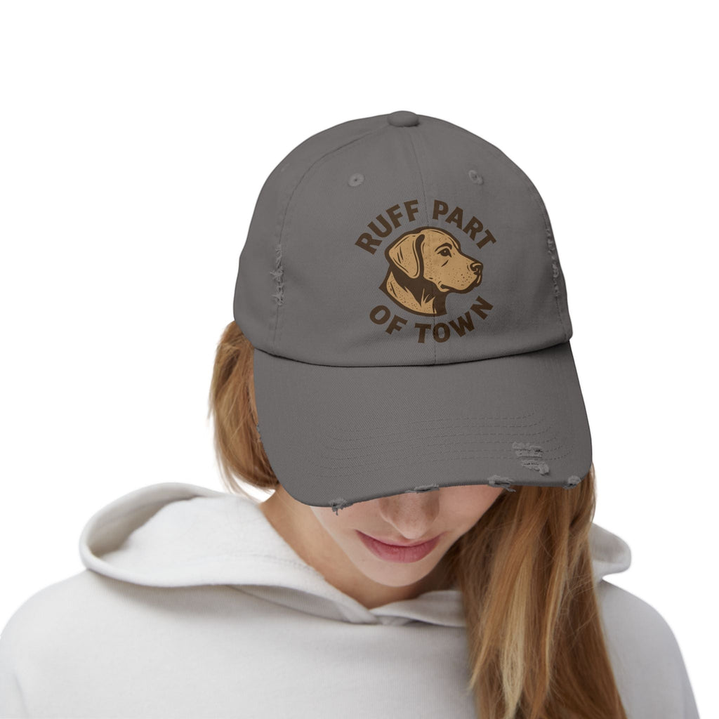 Ruff Part of Town distressed grey cotton twill baseball cap with embroidered dog graphic and text.