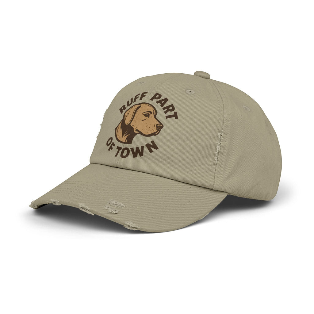 Ruff Part of Town distressed tan cotton twill baseball cap with a Labrador portrait and text.