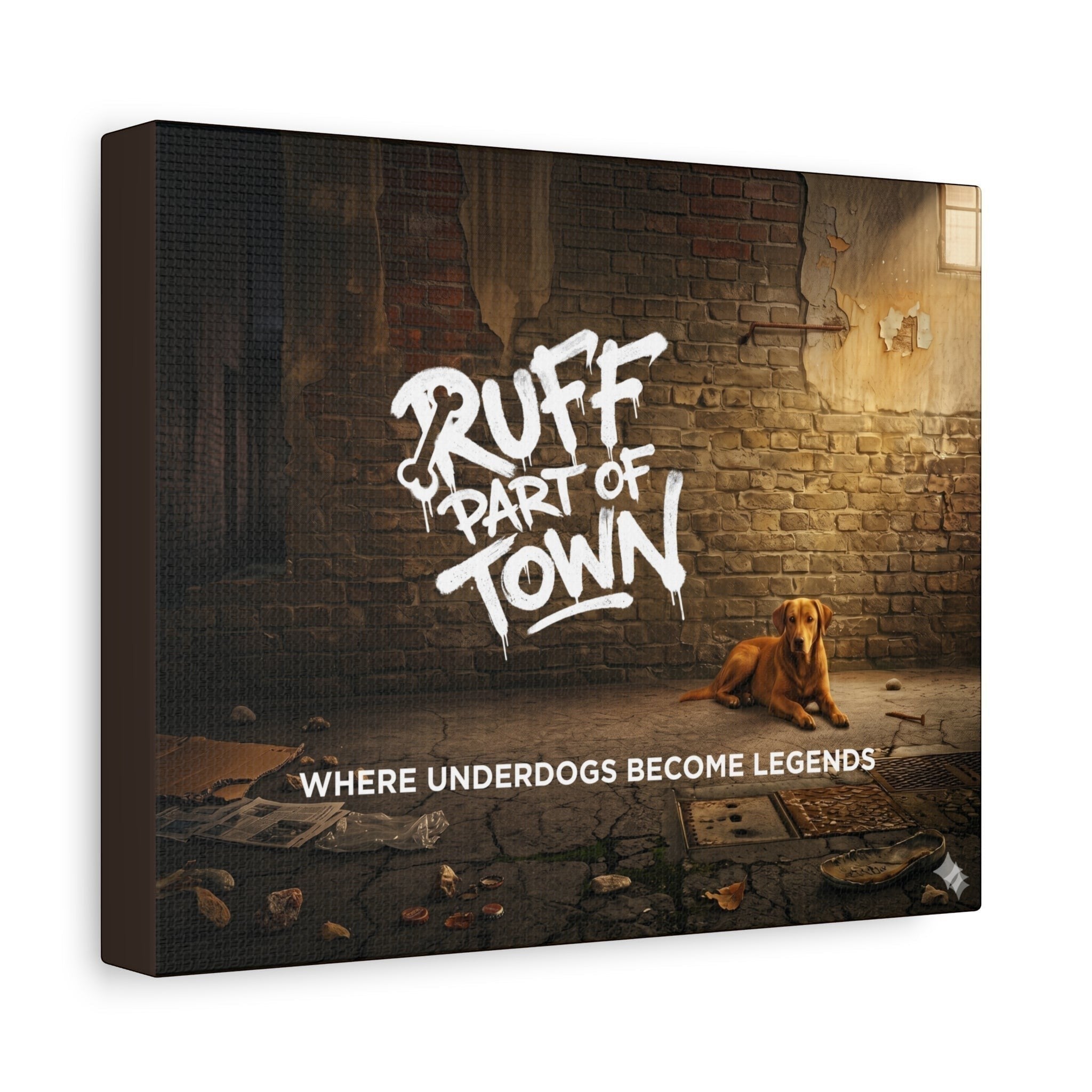 Ruff Part of Town matte canvas art featuring a golden retriever resting in a gritty, sunlit alleyway with graffiti text.