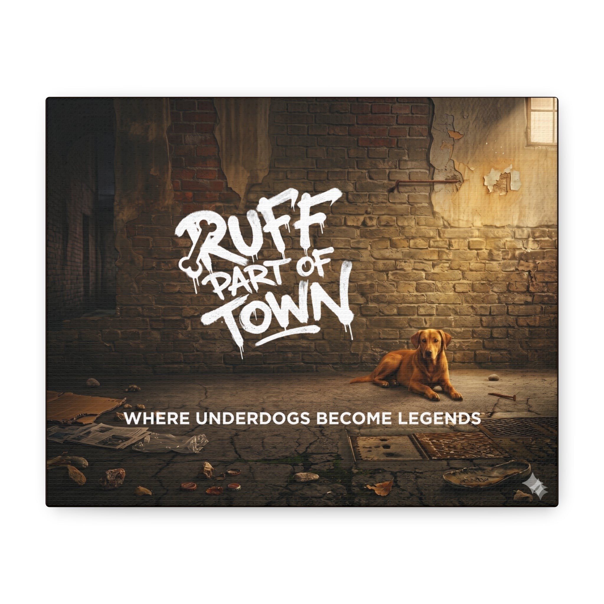 Ruff Part of Town matte canvas art featuring a golden retriever resting in a sunlit alleyway with graffiti text.