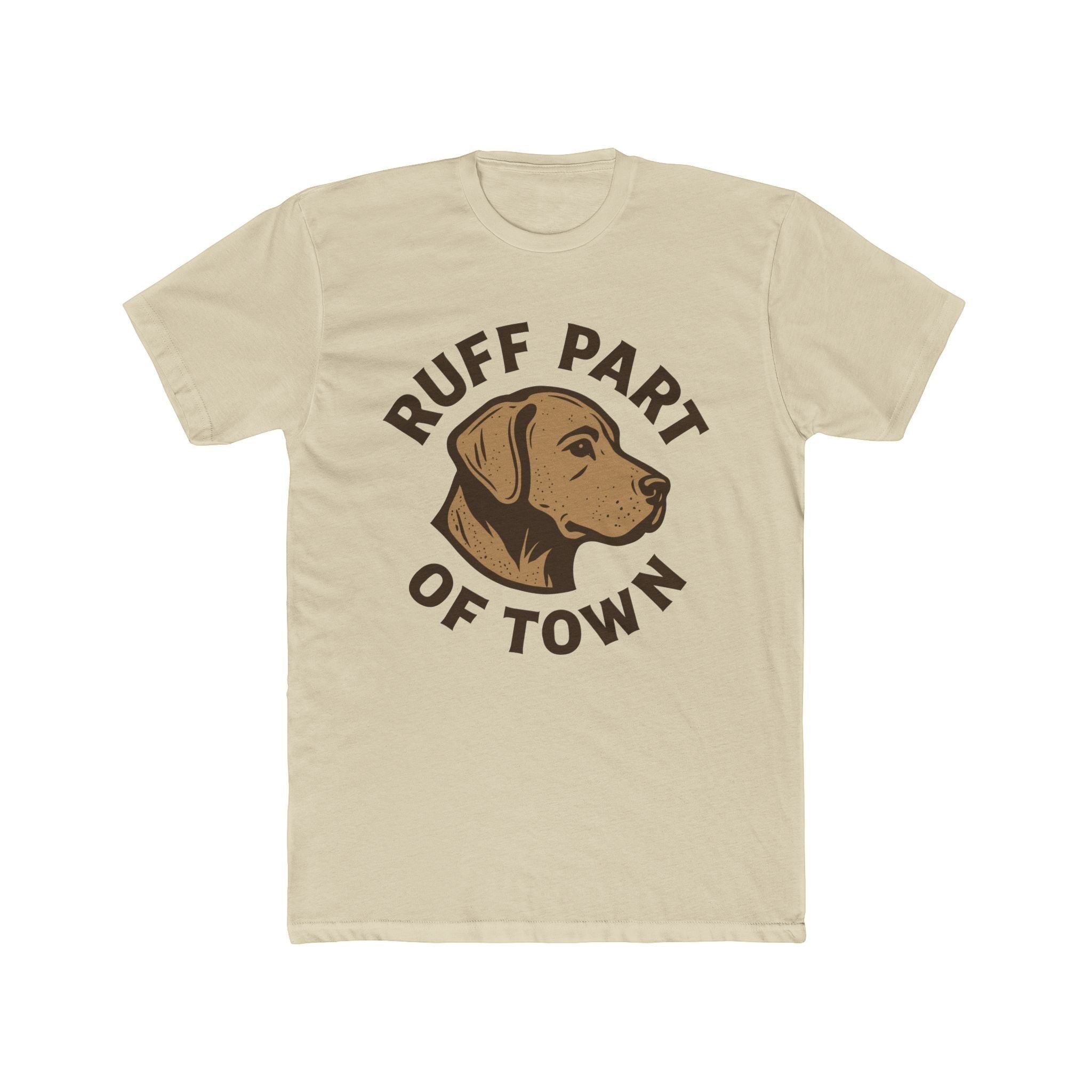 Ruff Part of Town beige 100% cotton t-shirt with a dog head logo and text graphic.