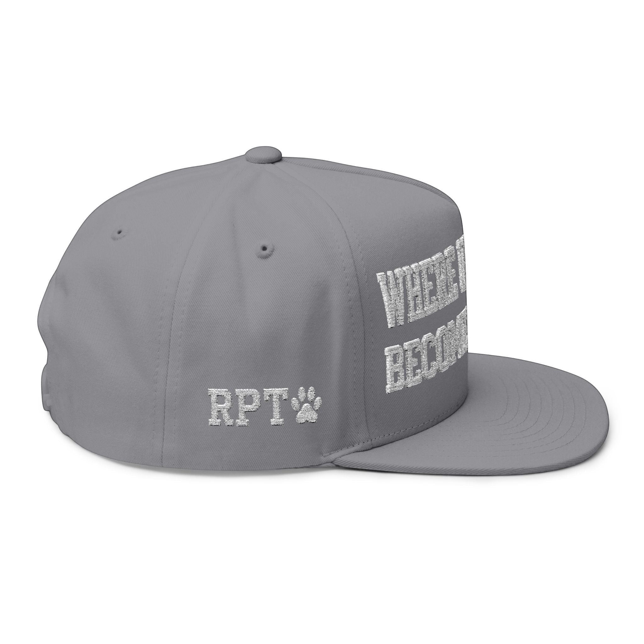 Ruff Part of Town grey cotton twill flat bill cap with white "WHERE UNDERDOGS BECOME LEGENDS" embroidery and "RPT" logo.