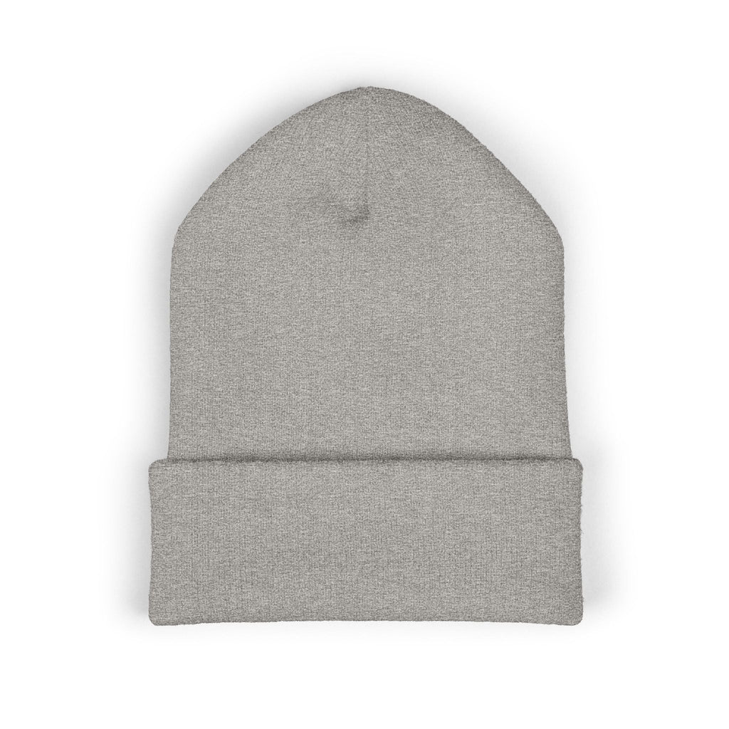 Ruff Part of Town grey cuffed acrylic beanie with embroidered paw accent. Cozy dog lover knit hat.
