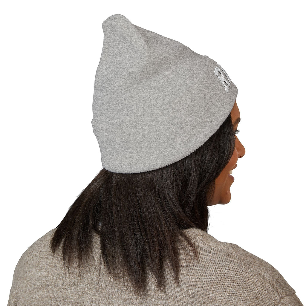 Ruff Part of Town light grey cuffed acrylic beanie with embroidered paw logo. A cozy dog lover hat.