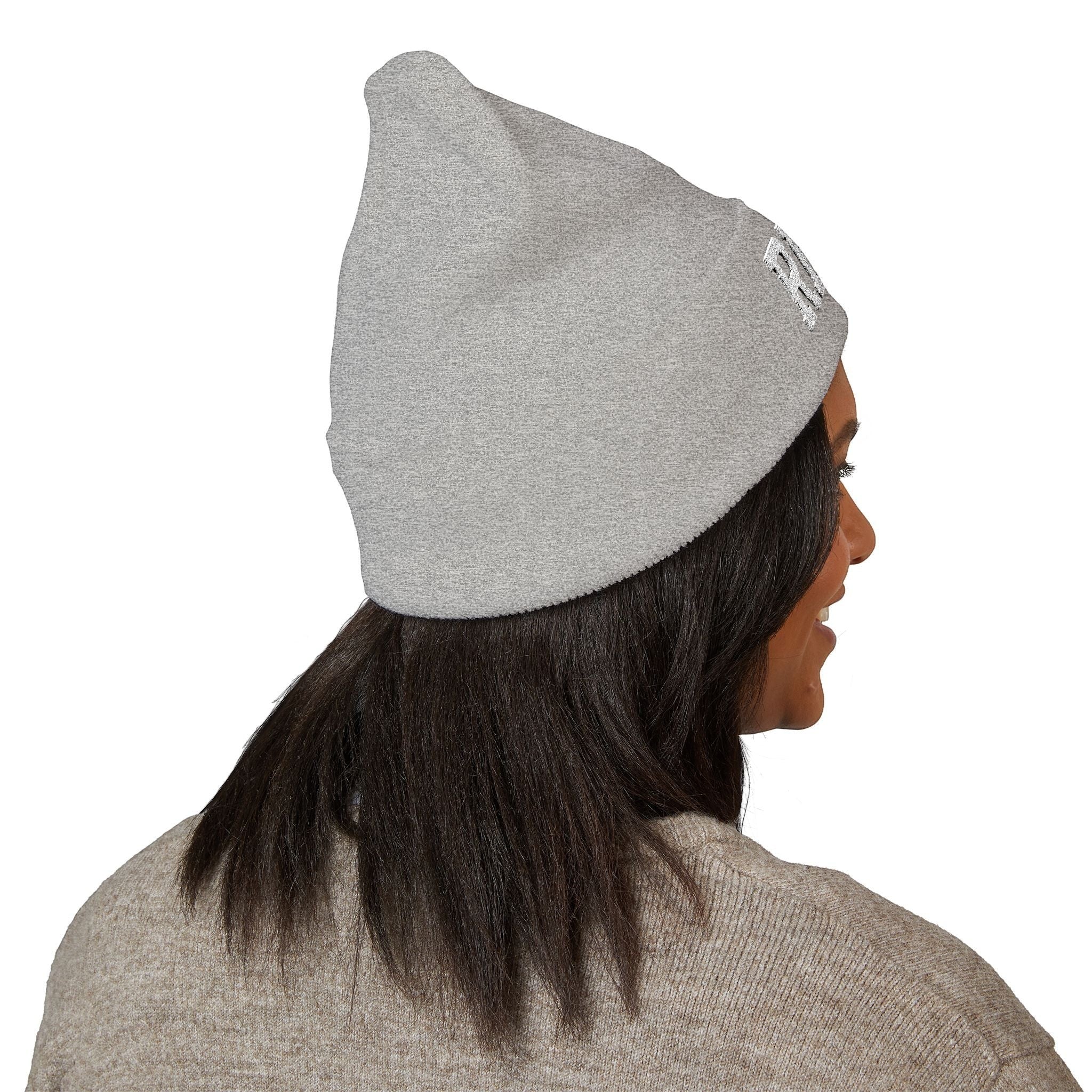 Ruff Part of Town light grey cuffed acrylic beanie with embroidered paw logo. A cozy dog lover hat.