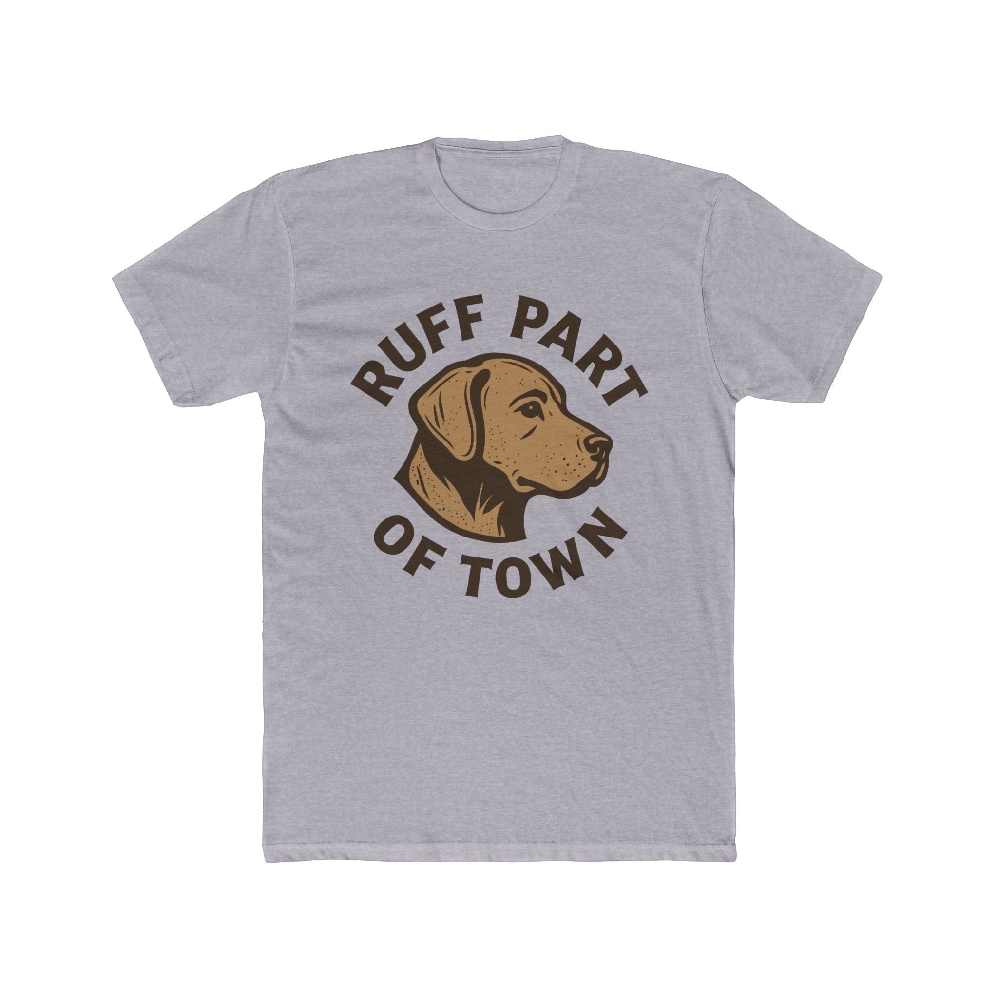 Ruff Part of Town grey cotton t-shirt with a brown dog head logo and text.