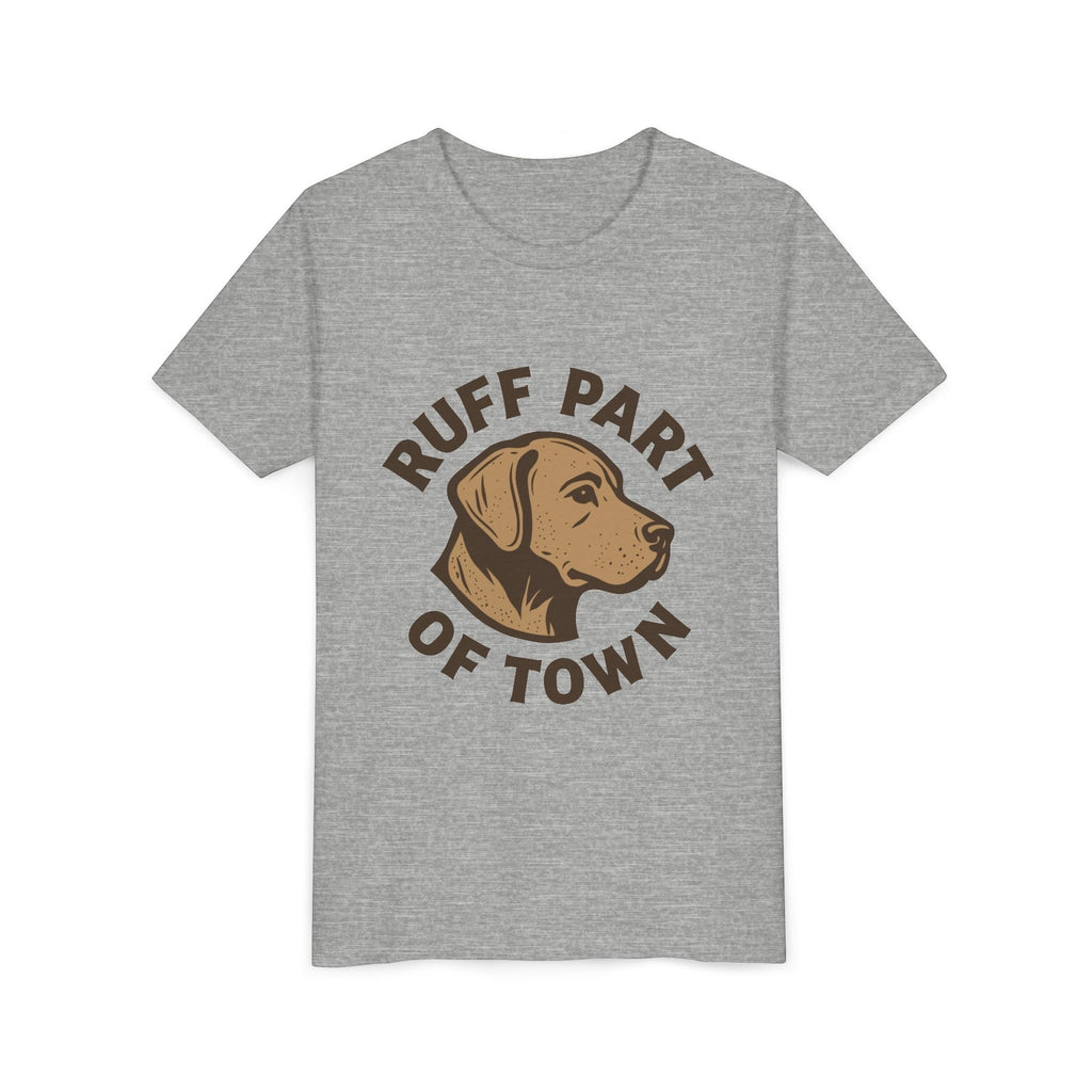 Ruff Part of Town grey heather short sleeve youth t-shirt with a dog head logo and text.