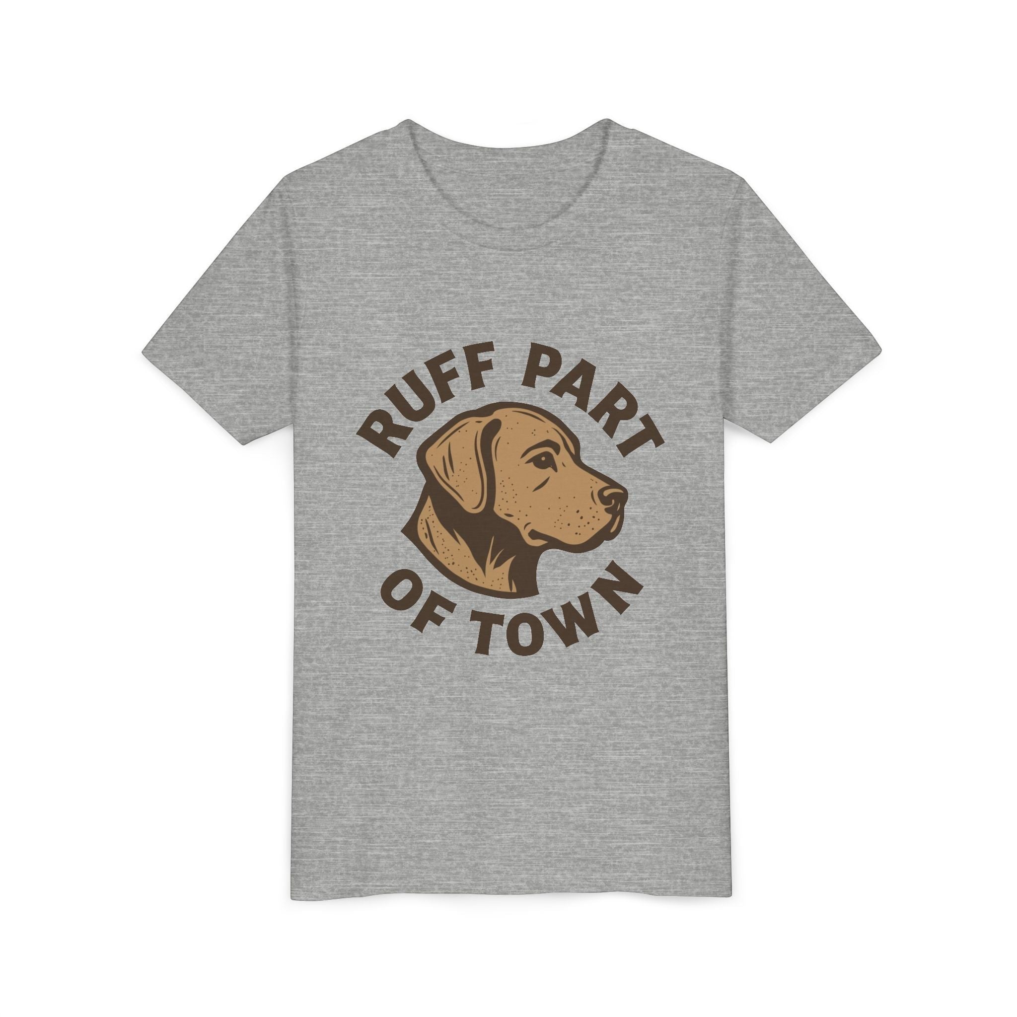 Ruff Part of Town grey heather short sleeve youth t-shirt with a dog head logo and text.