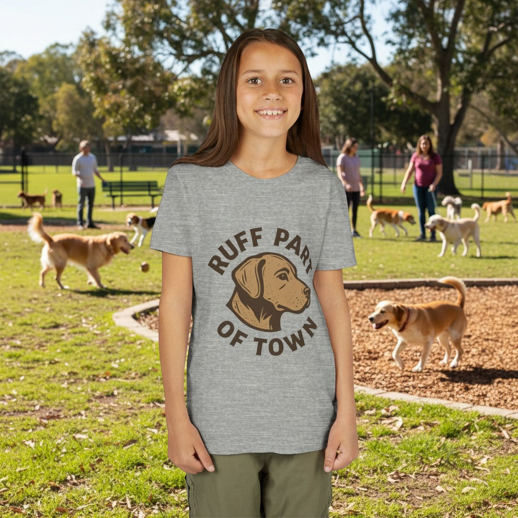 Ruff Part of Town youth grey short sleeve tee with a dog head graphic and text. 100% cotton.