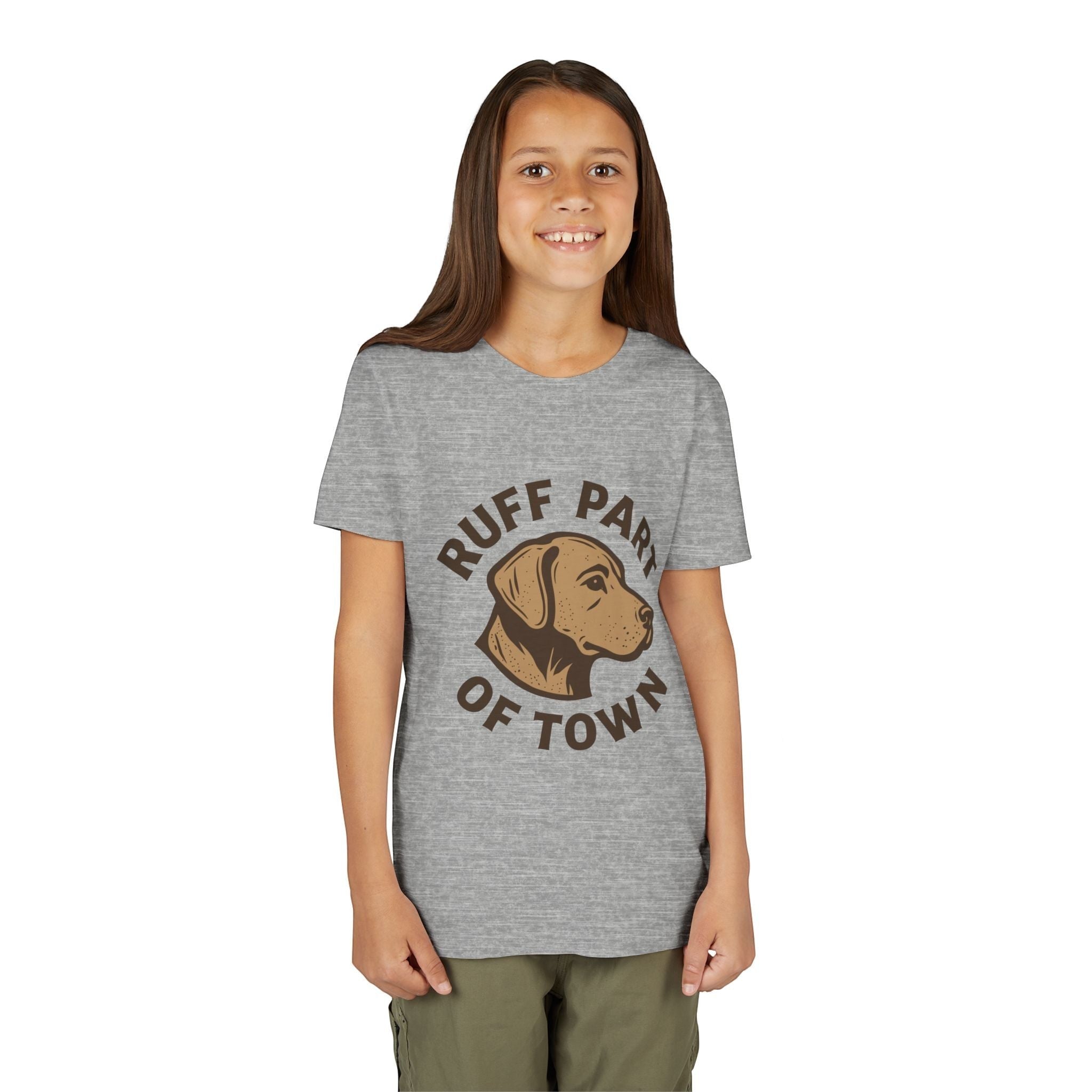 Ruff Part of Town youth grey short sleeve tee with a dog head graphic and text. 100% cotton.