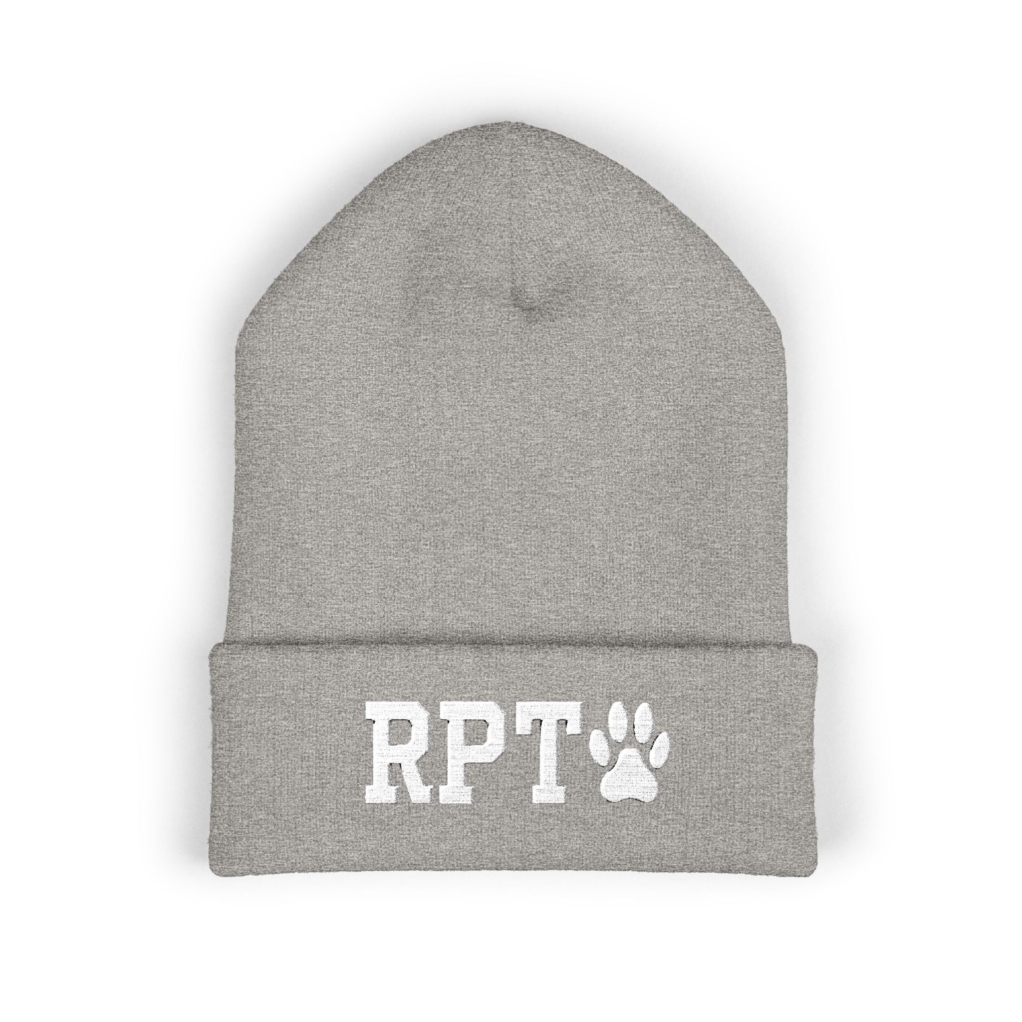 Ruff Part of Town grey cuffed acrylic beanie with white RPT paw embroidery. Cozy dog lover knit hat.