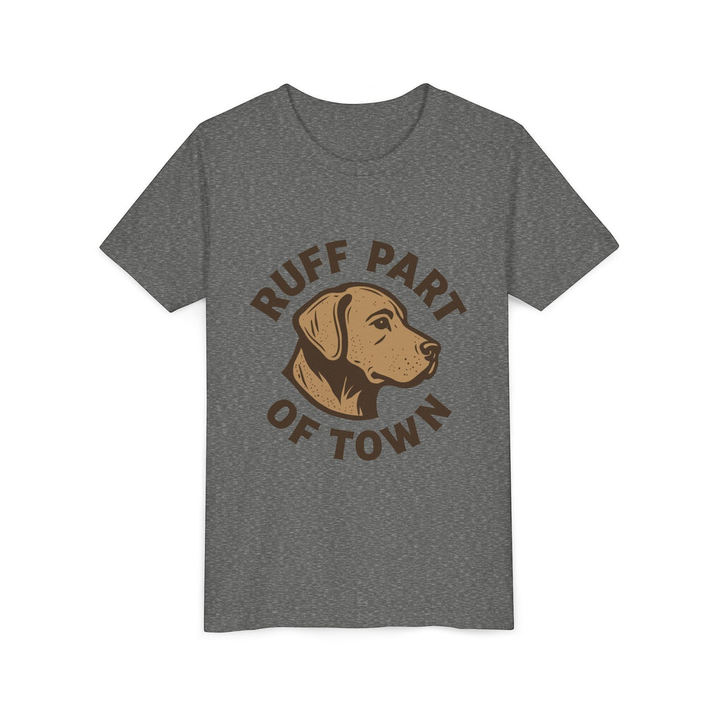 Ruff Part of Town youth short sleeve tee in heather grey with a graphic of a dog's head and the text "Ruff Part of Town".