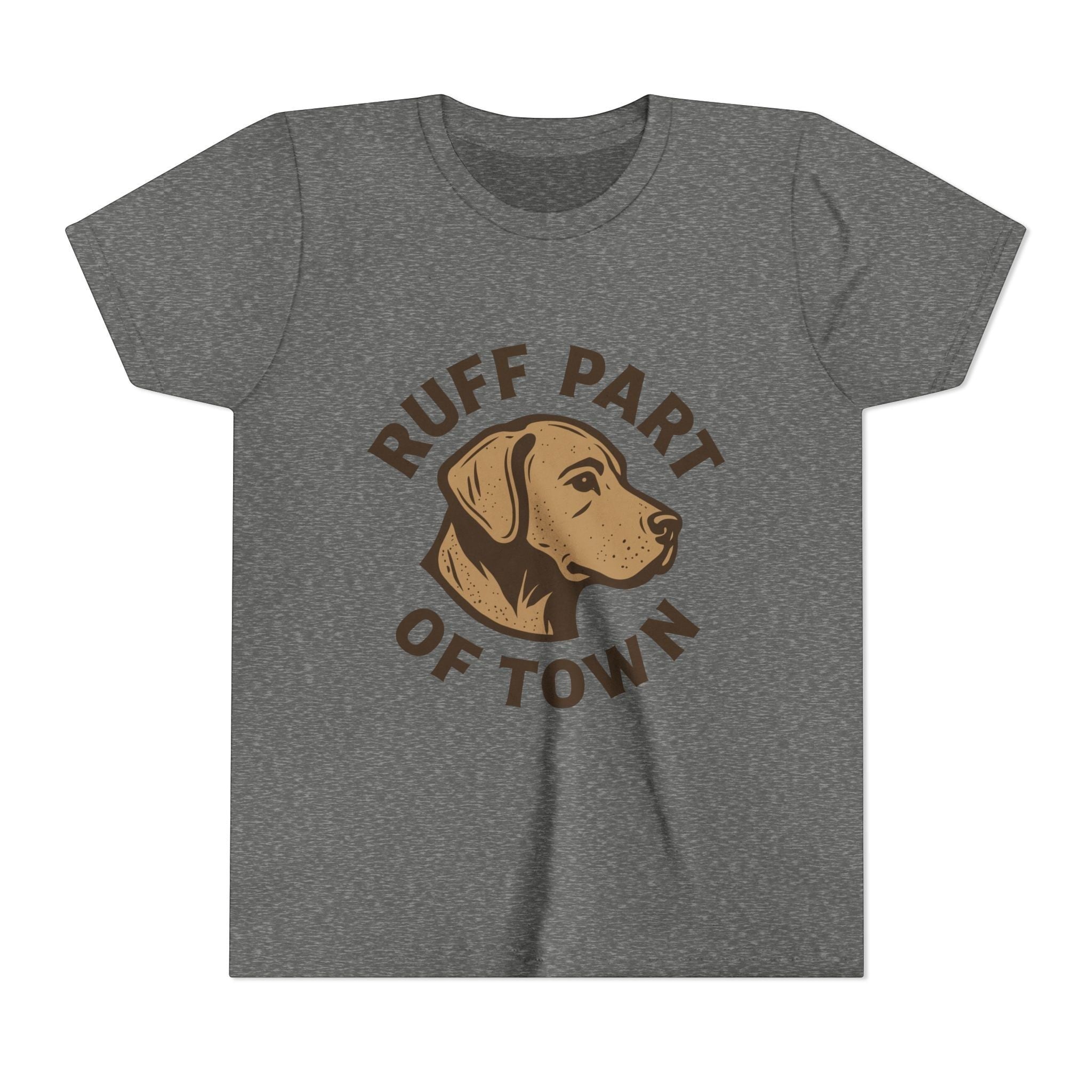 Ruff Part of Town youth short sleeve tee in heather grey cotton, featuring a graphic of a dog head and text.