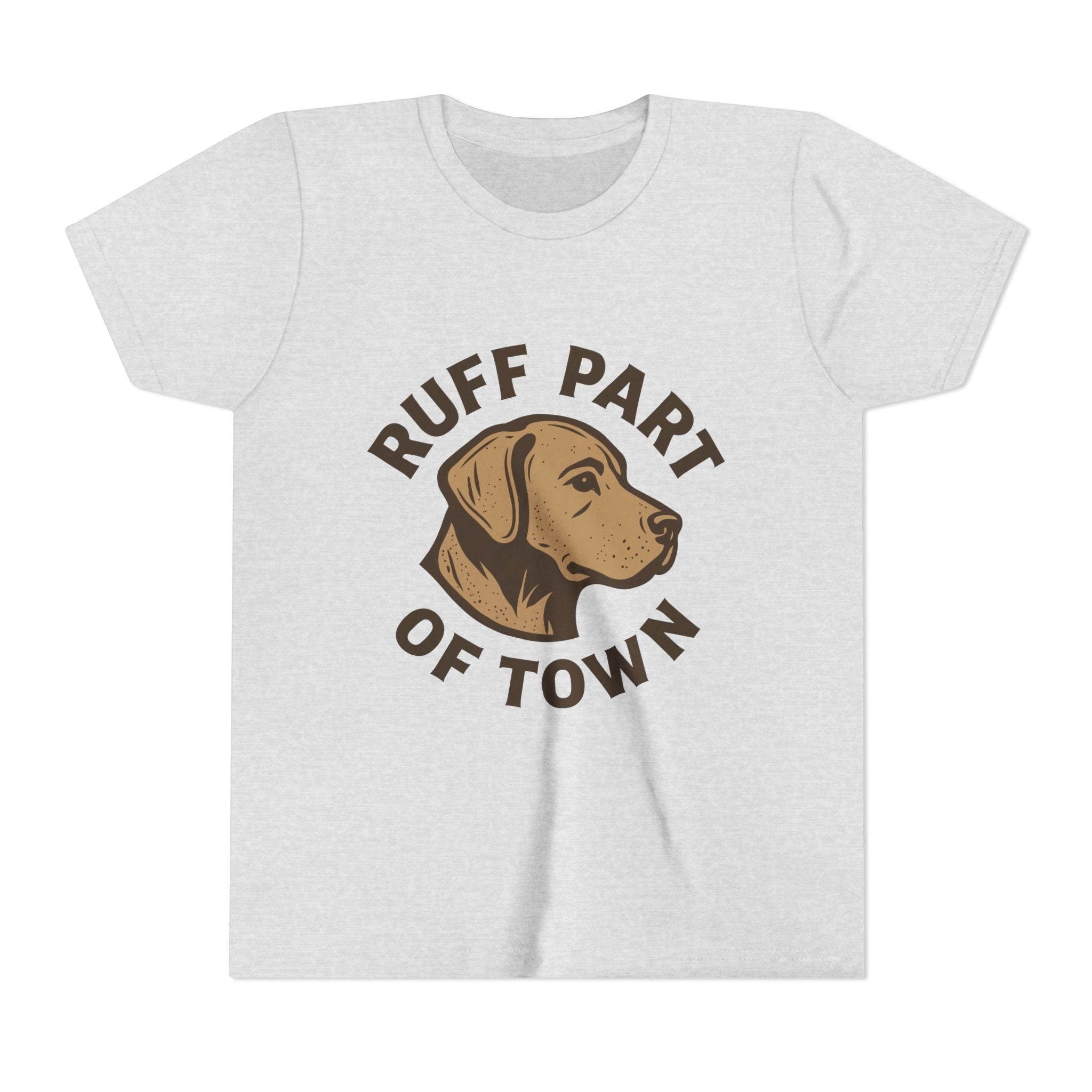 Ruff Part of Town youth short sleeve tee in heather grey, featuring a brown dog head graphic with the text "Ruff Part of Town" around it.
