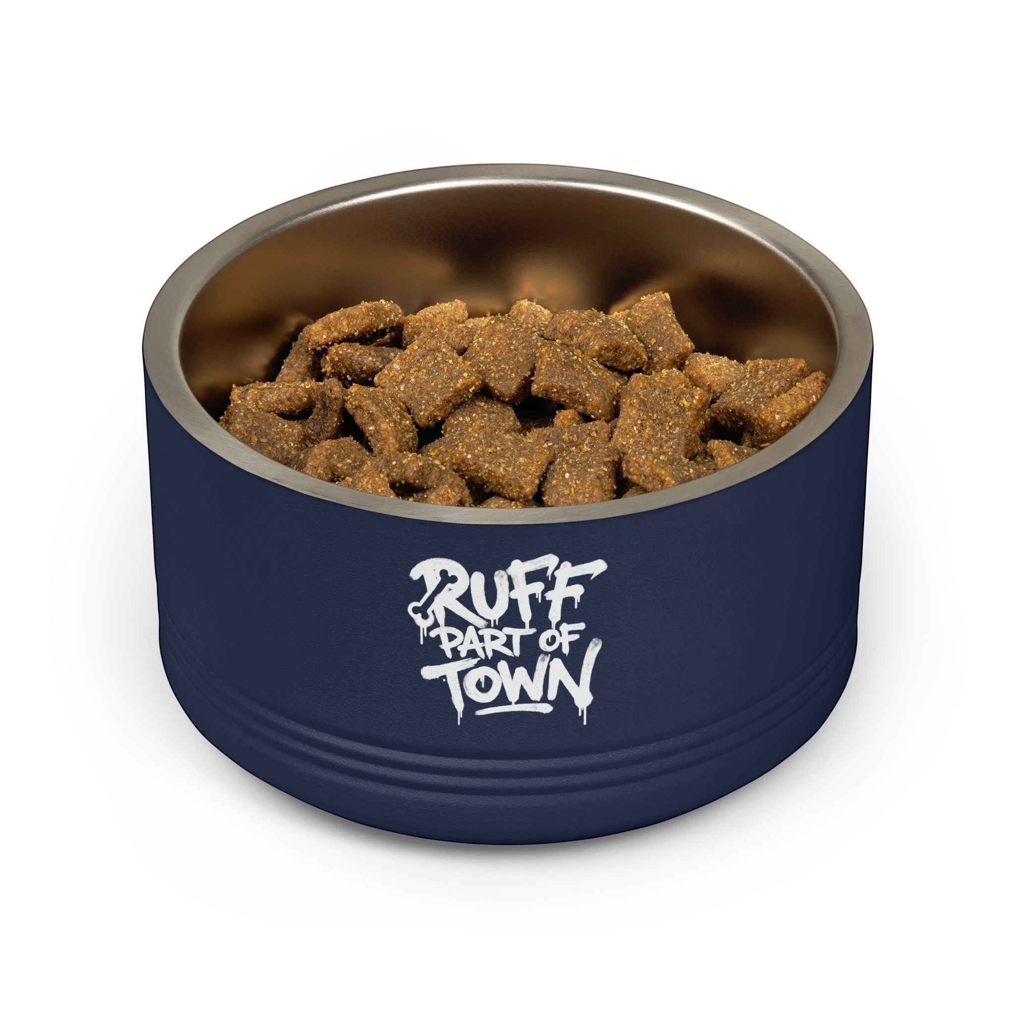 Ruff Part of Town navy blue 18oz insulated stainless steel pet bowl with white graffiti lettering filled with kibble.