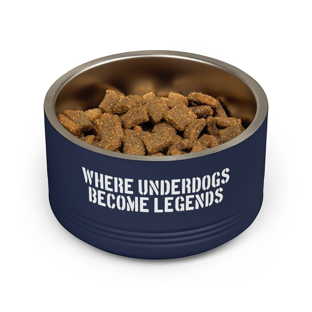 Ruff Part of Town navy blue 18oz stainless steel pet bowl with white graffiti-style lettering, filled with dog food.
