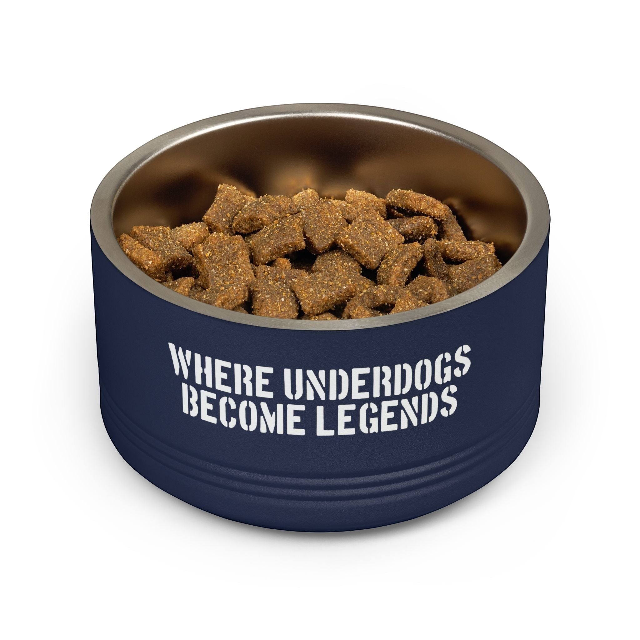 Ruff Part of Town navy blue 18oz stainless steel pet bowl with white graffiti-style lettering, filled with dog food.