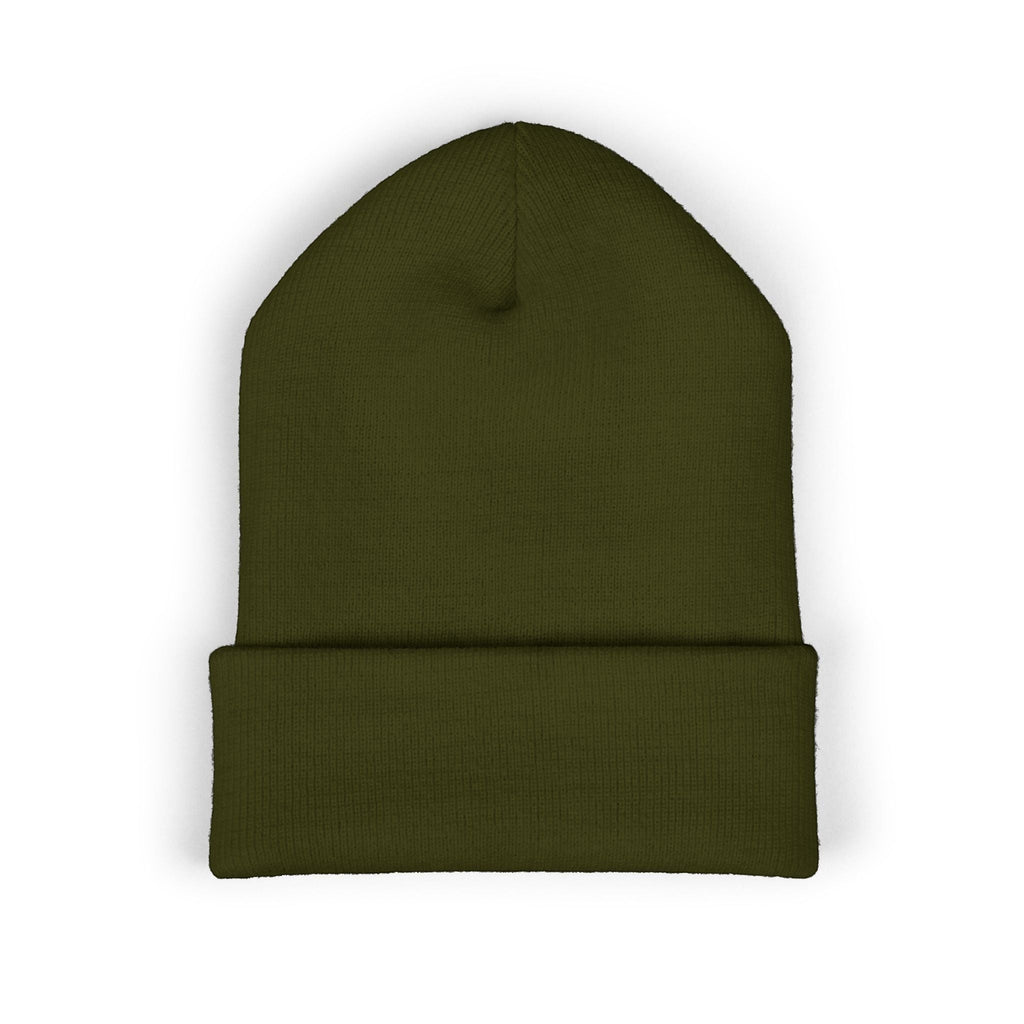 Ruff Part of Town olive green acrylic cuffed beanie with embroidered paw accent. Cozy dog lover hat.