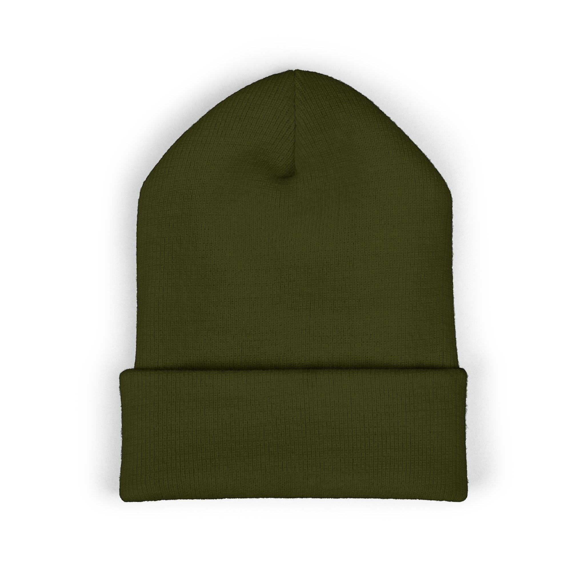 Ruff Part of Town olive green acrylic cuffed beanie with embroidered paw accent. Cozy dog lover hat.