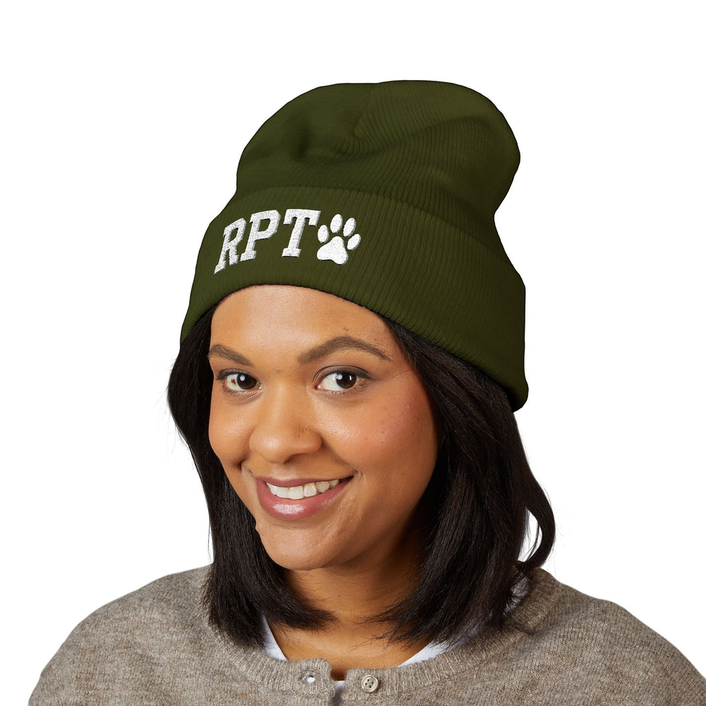 Ruff Part of Town olive green cuffed acrylic beanie with white RPT and paw embroidery. A cozy dog lover hat.
