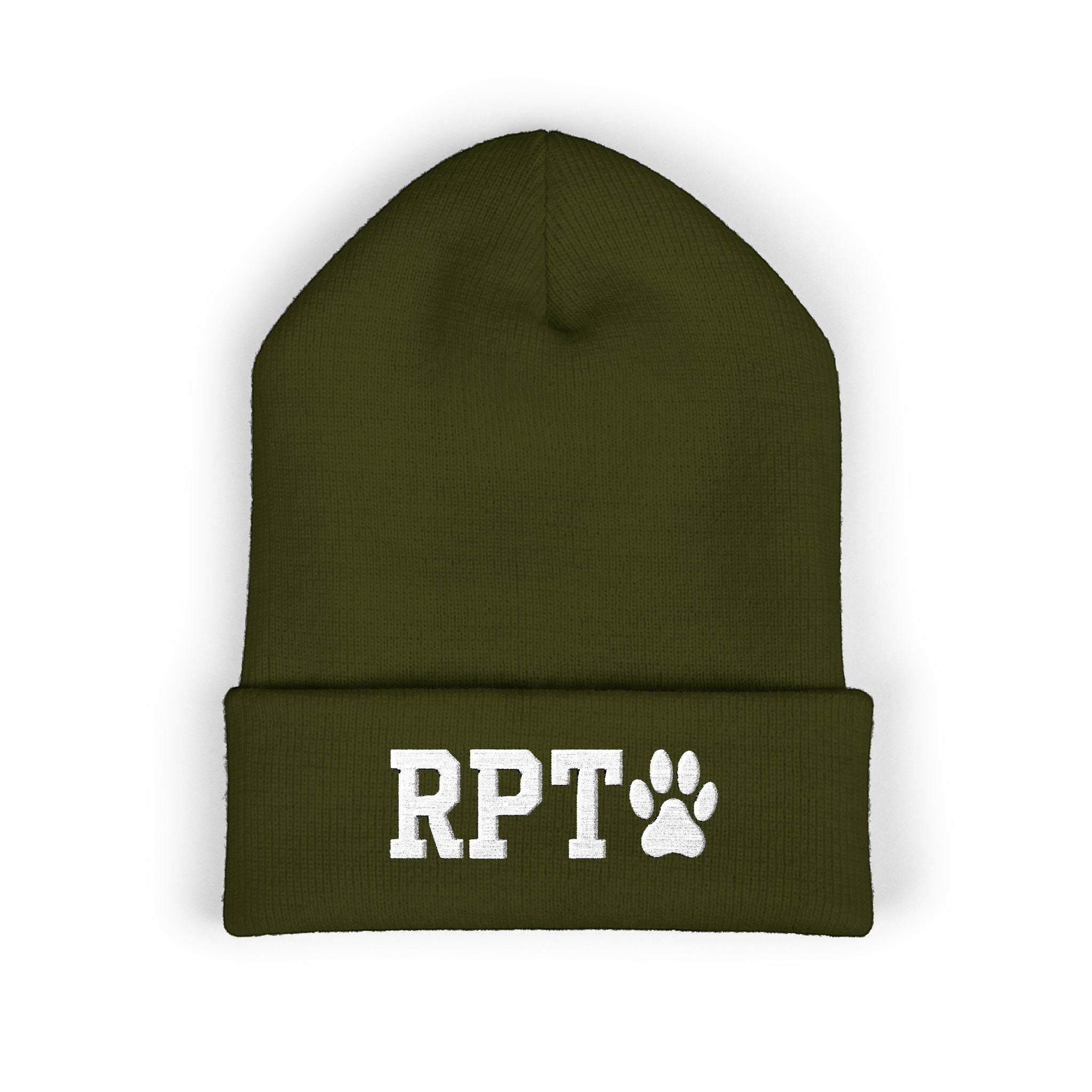 Ruff Part of Town olive green acrylic cuffed beanie with white RPT paw embroidery. One size fits most adults.