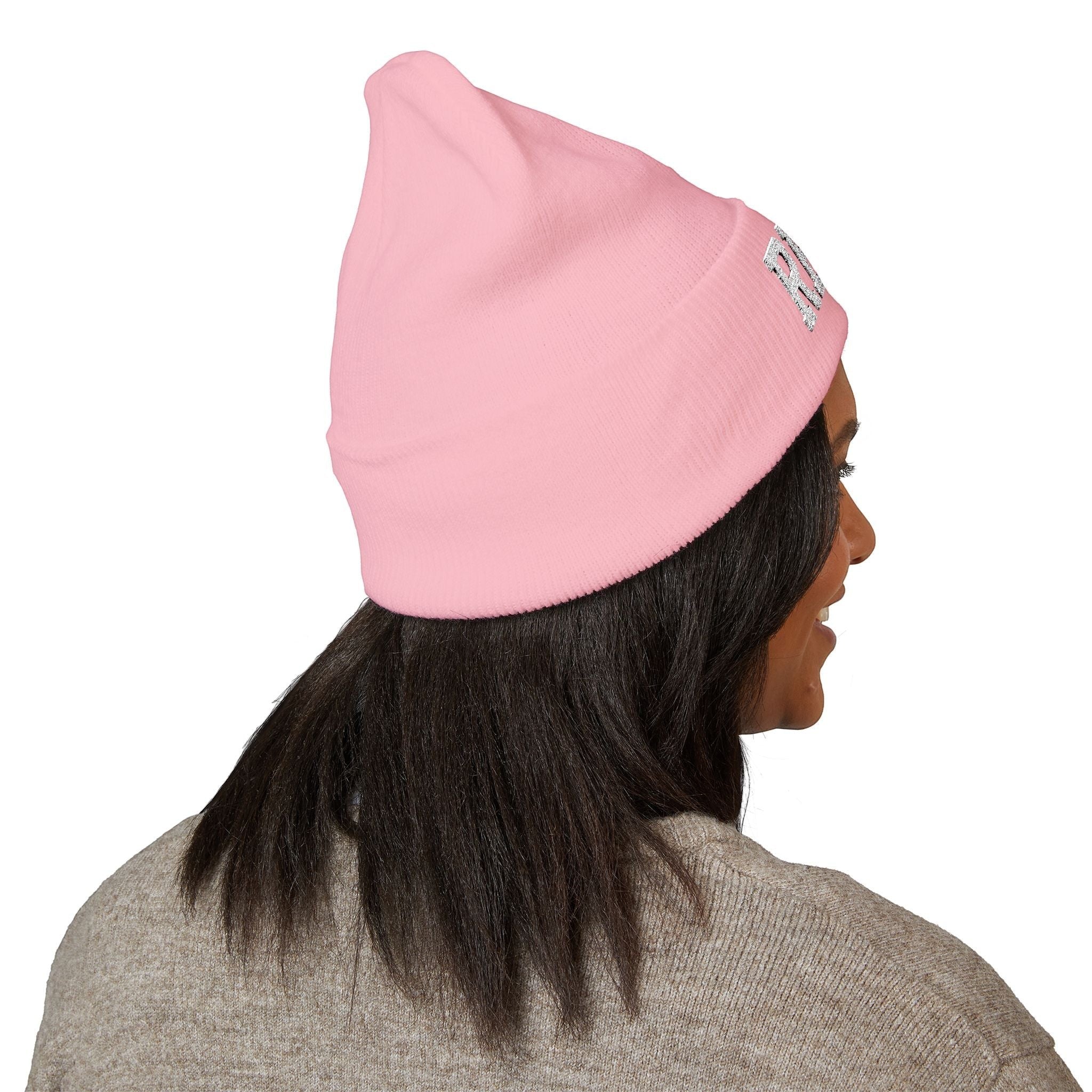 Ruff Part of Town pink cuffed acrylic beanie with embroidered paw accent. One size fits most adults.