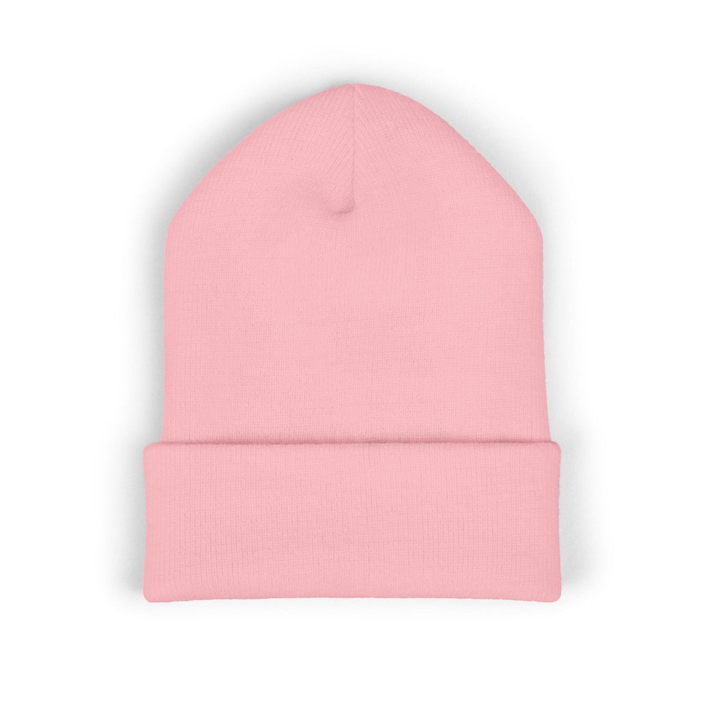 Ruff Part of Town pink cuffed acrylic beanie with embroidered paw accent. Cozy dog lover knit hat.