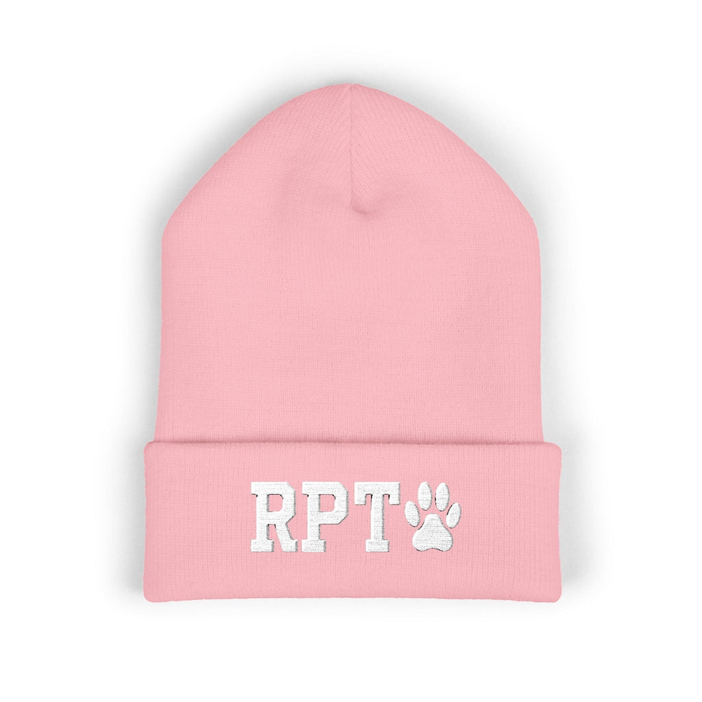Ruff Part of Town pink cuffed acrylic beanie with embroidered RPT and paw logo. One size fits most adults.
