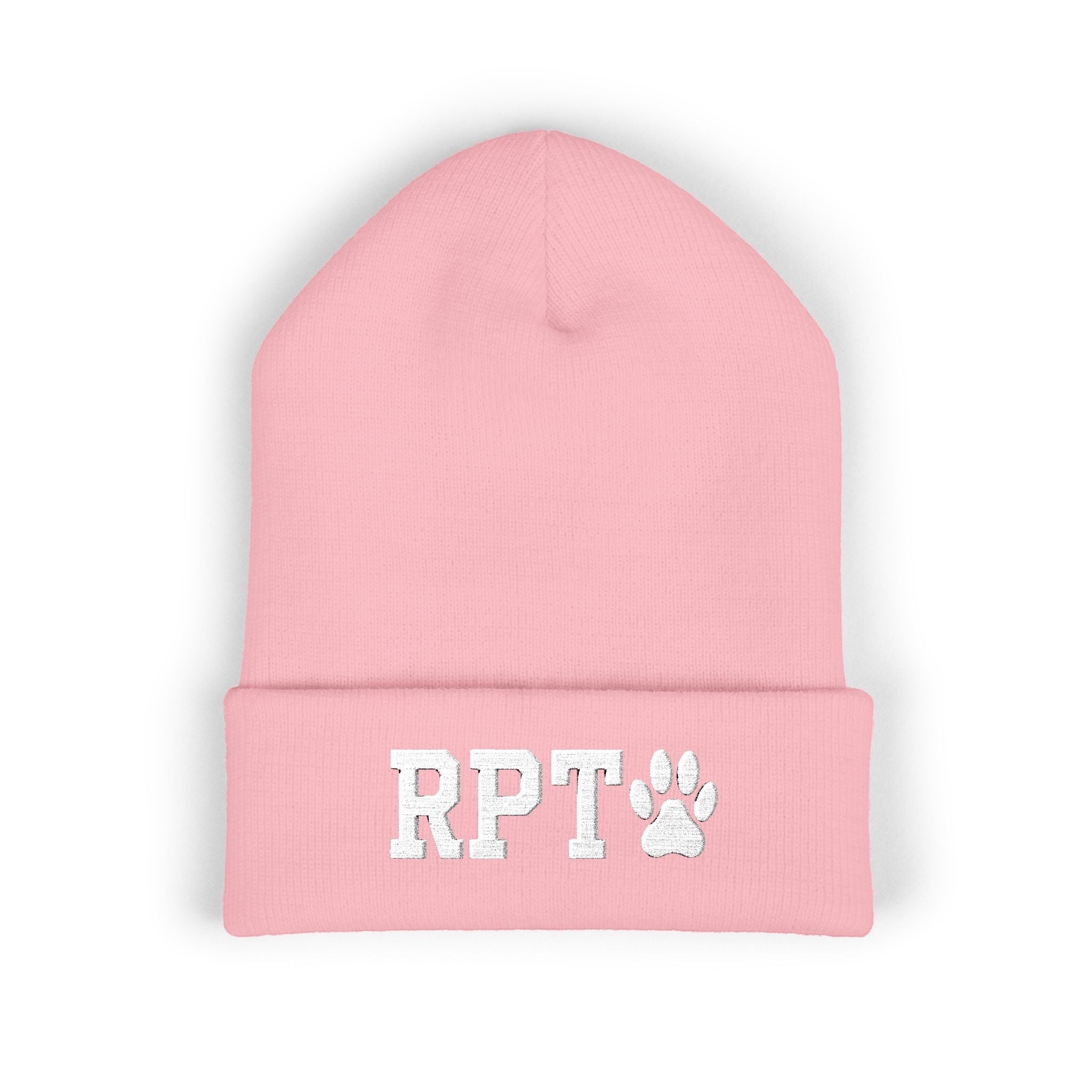 Ruff Part of Town pink cuffed acrylic beanie with embroidered RPT and paw logo. One size fits most adults.