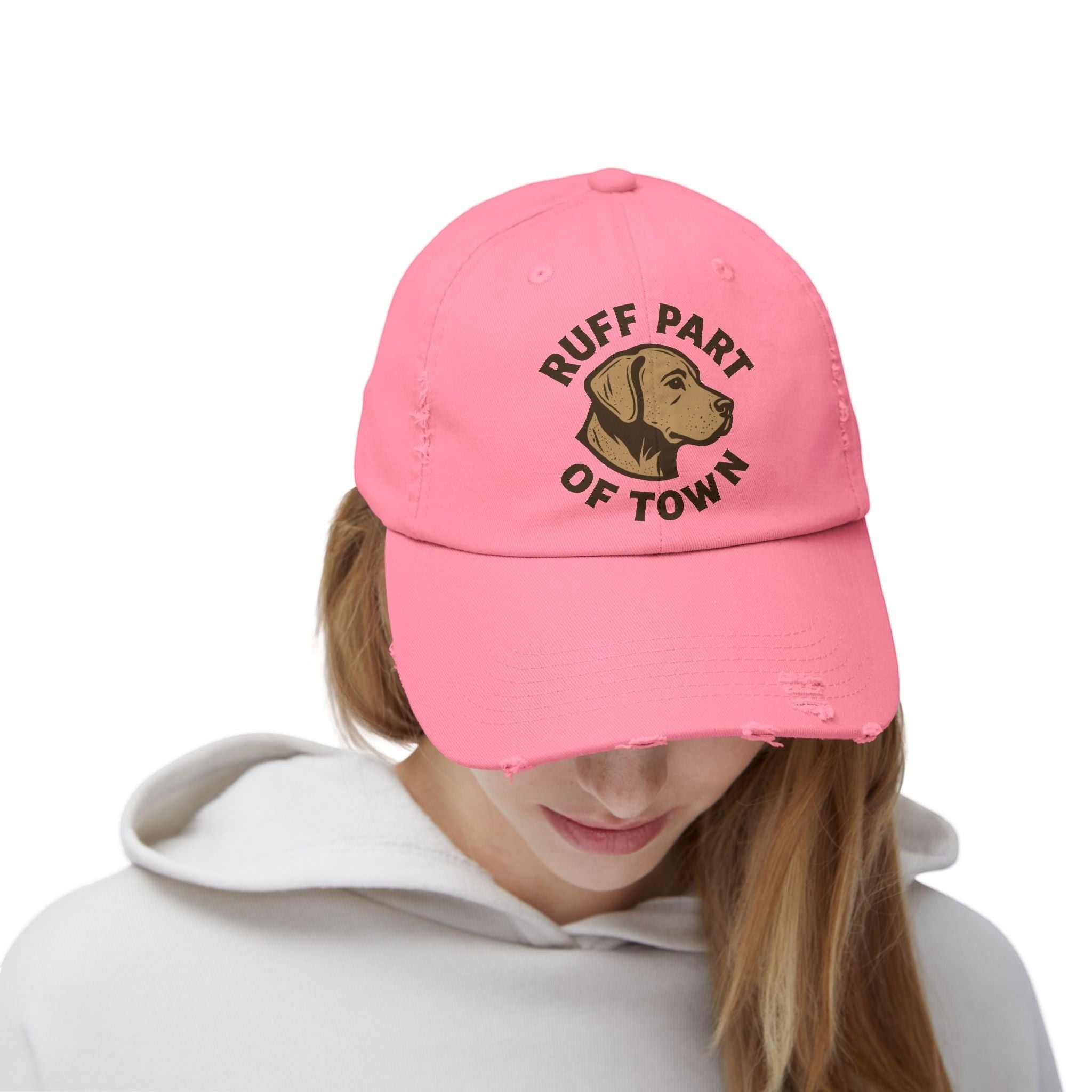 Ruff Part of Town pink distressed cotton twill baseball cap with embroidered dog graphic and text.