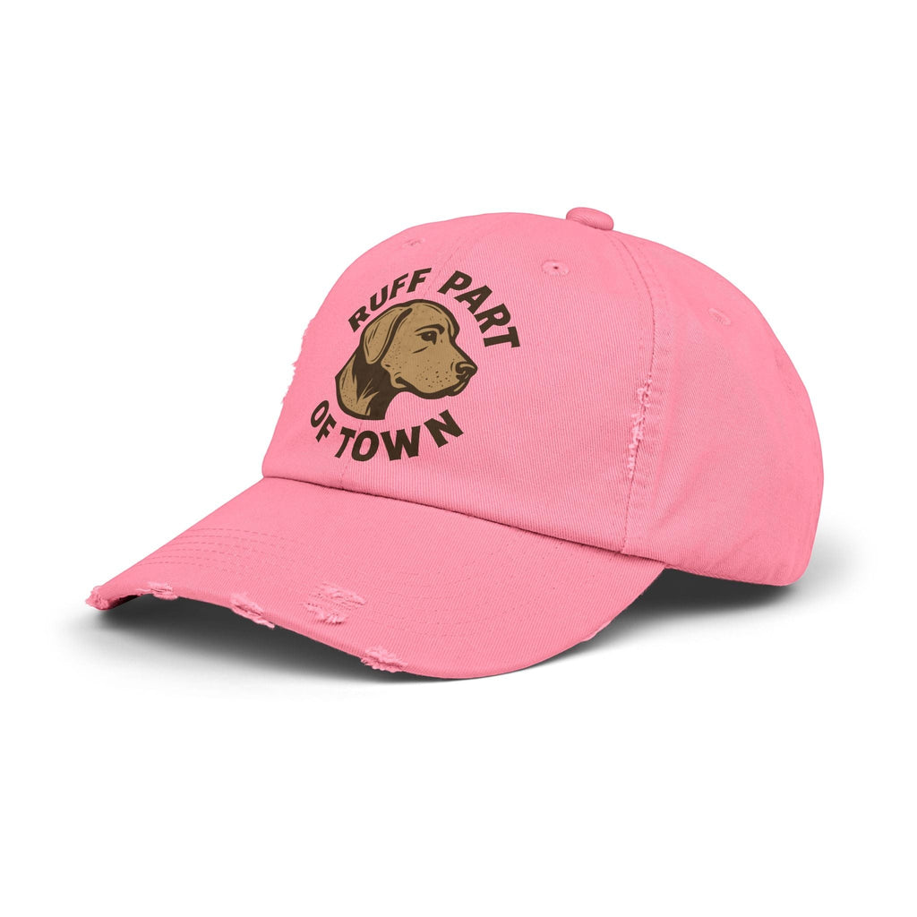Ruff Part of Town pink distressed cotton twill baseball cap with dog graphic and text.