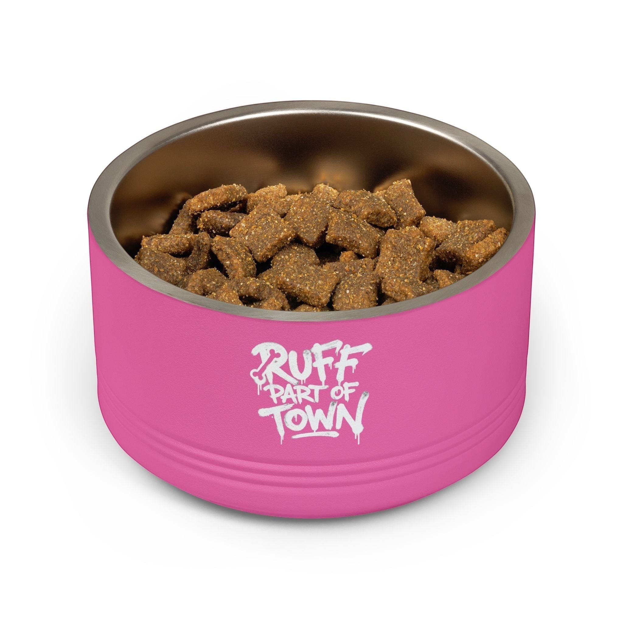 Ruff Part of Town bright pink 18oz insulated stainless steel pet bowl with graffiti-style logo filled with kibble.