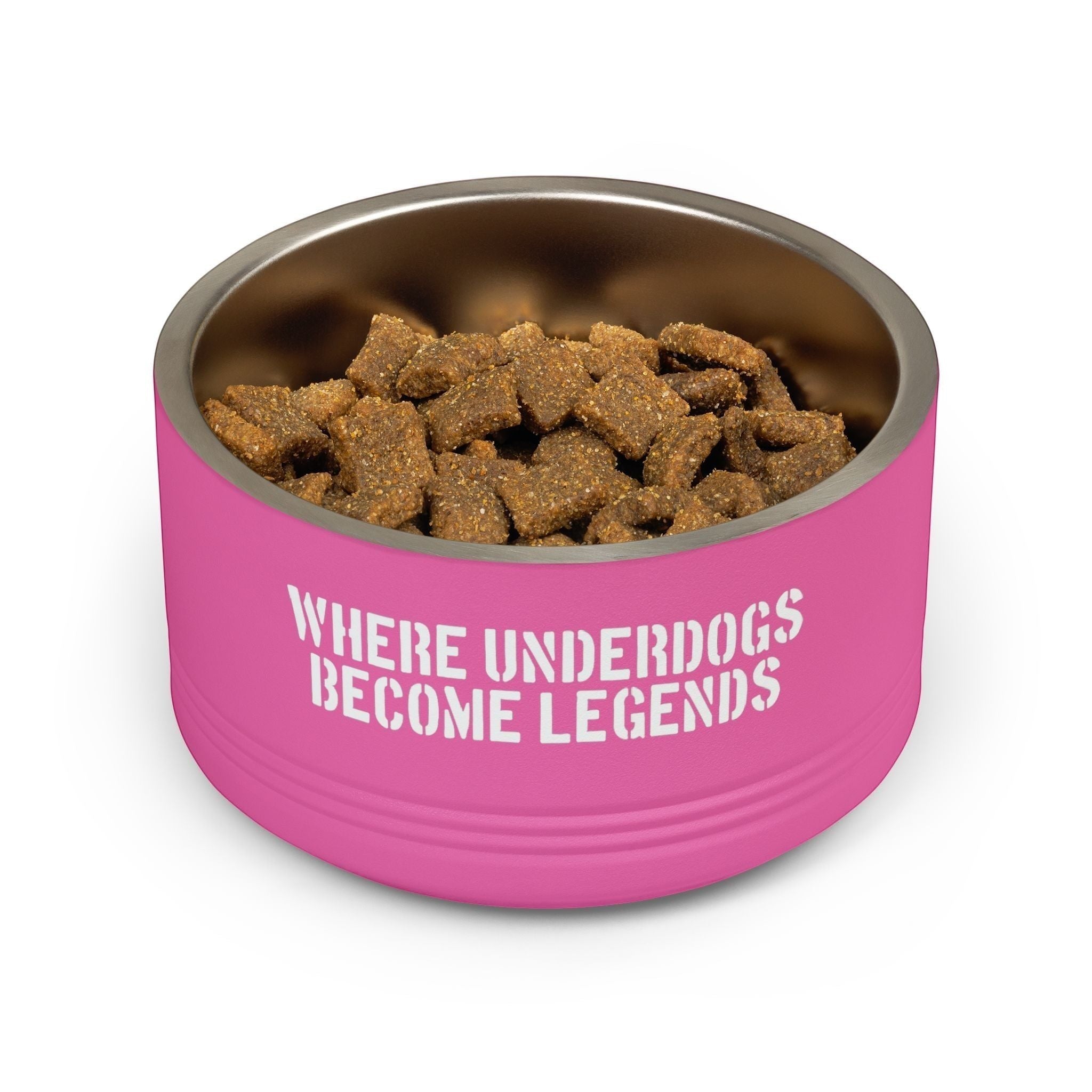 Ruff Part of Town pink stainless steel 18oz pet bowl with white graffiti lettering "Where Underdogs Become Legends" filled with kibble.