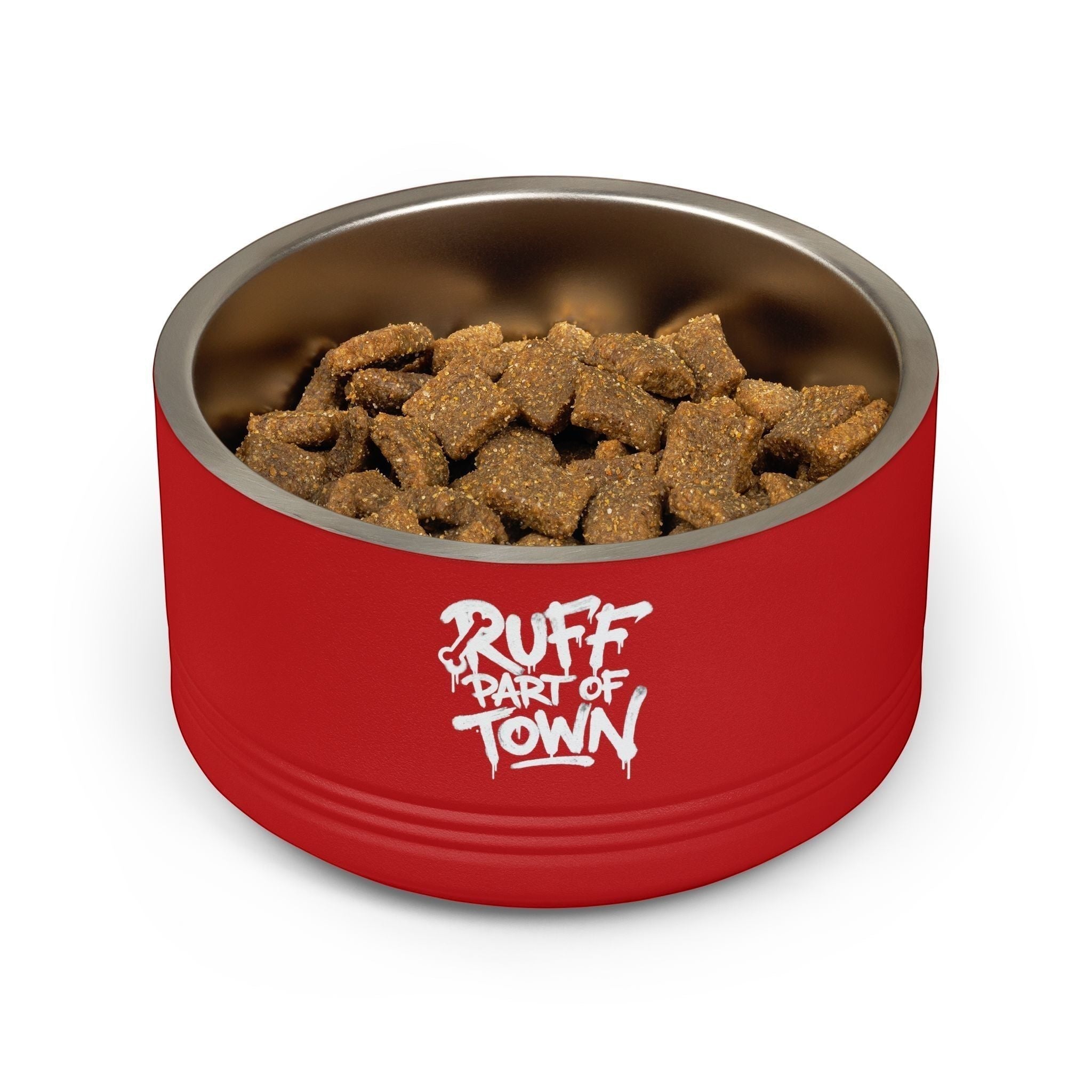 Ruff Part of Town red 18oz insulated stainless steel pet bowl with graffiti-style lettering and filled with kibble.