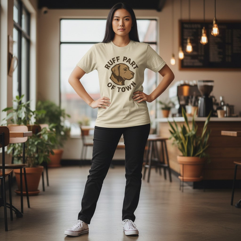 Ruff Part of Town tan 100% cotton t-shirt with a dog head logo and text.