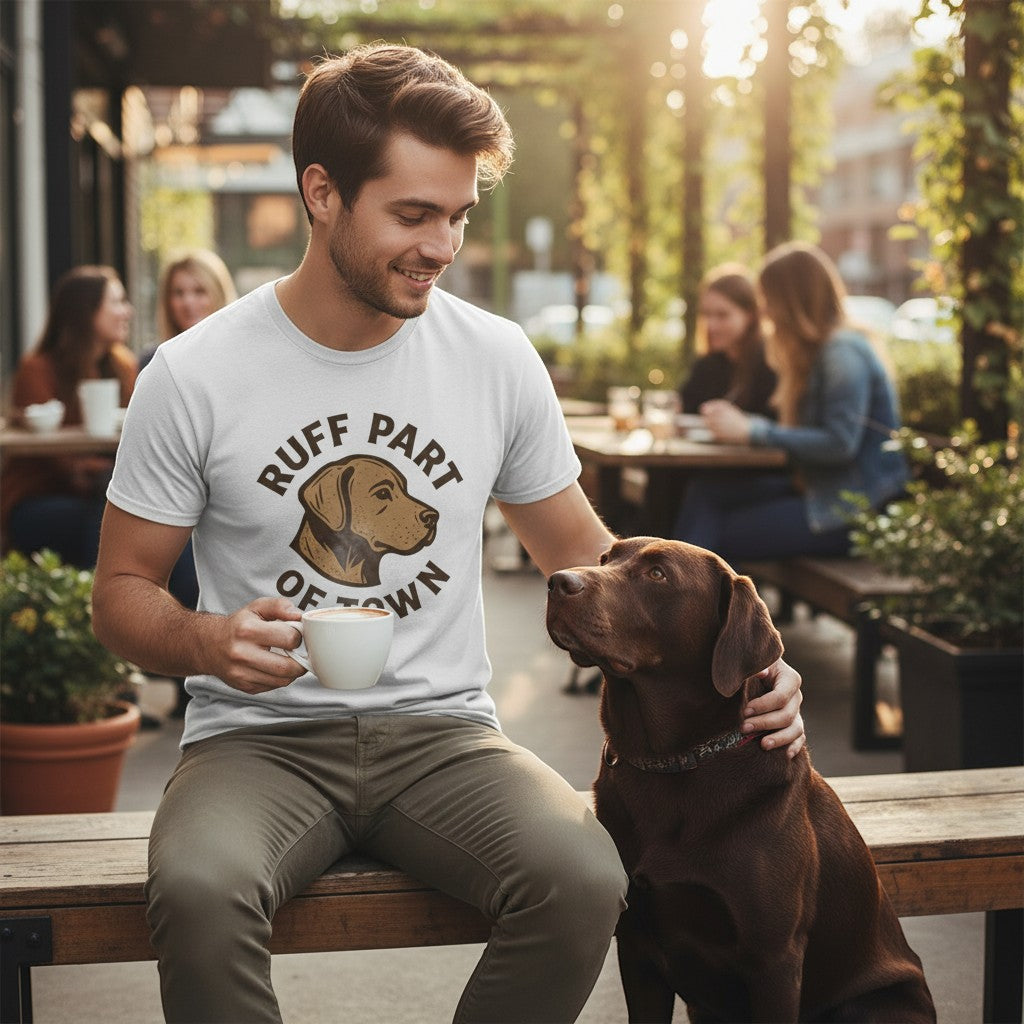 Ruff Part of Town white 100% cotton t-shirt with dog logo graphic, worn by a man holding coffee.