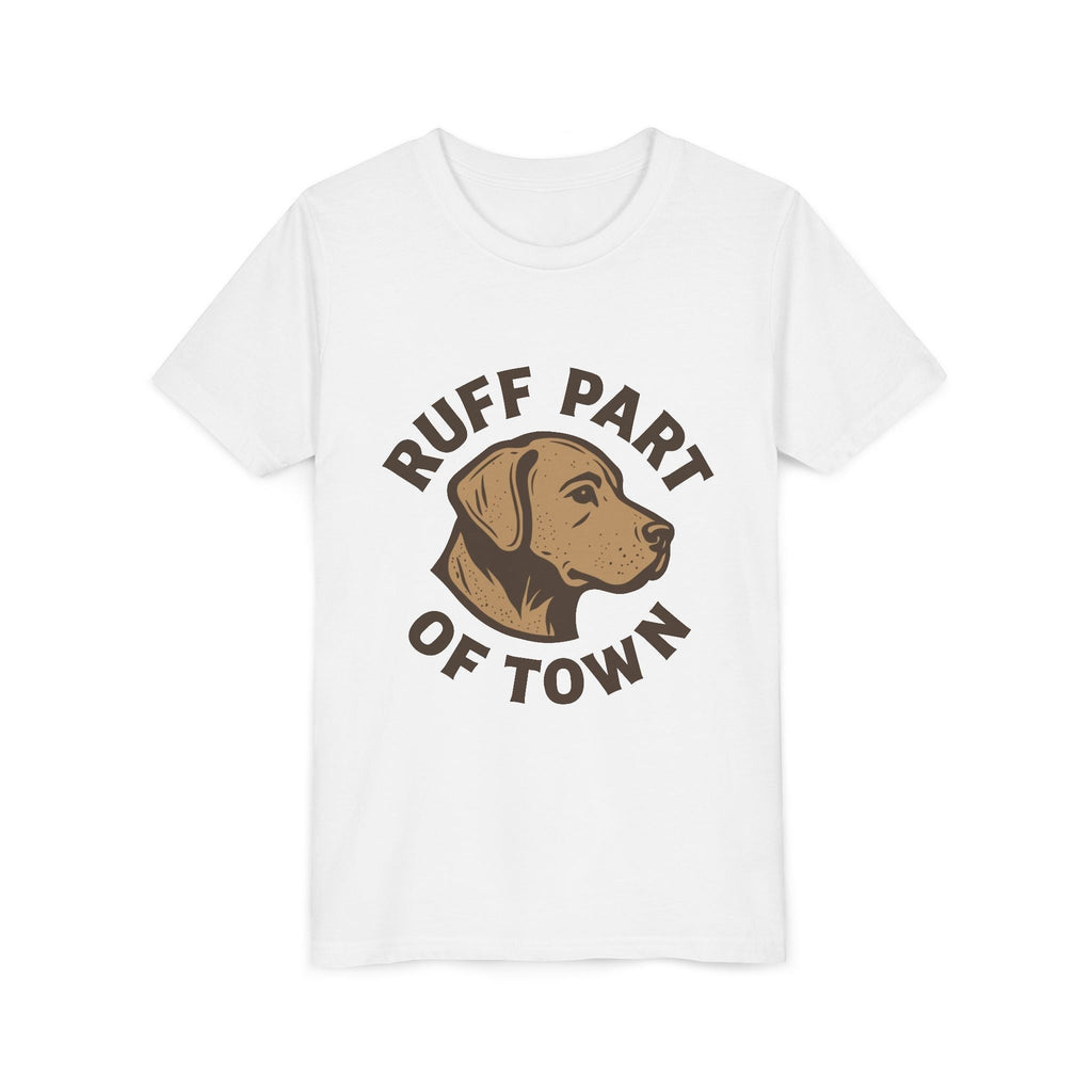Ruff Part of Town white youth short sleeve tee with a graphic of a dog's head and the words "Ruff Part of Town" in a circular design.
