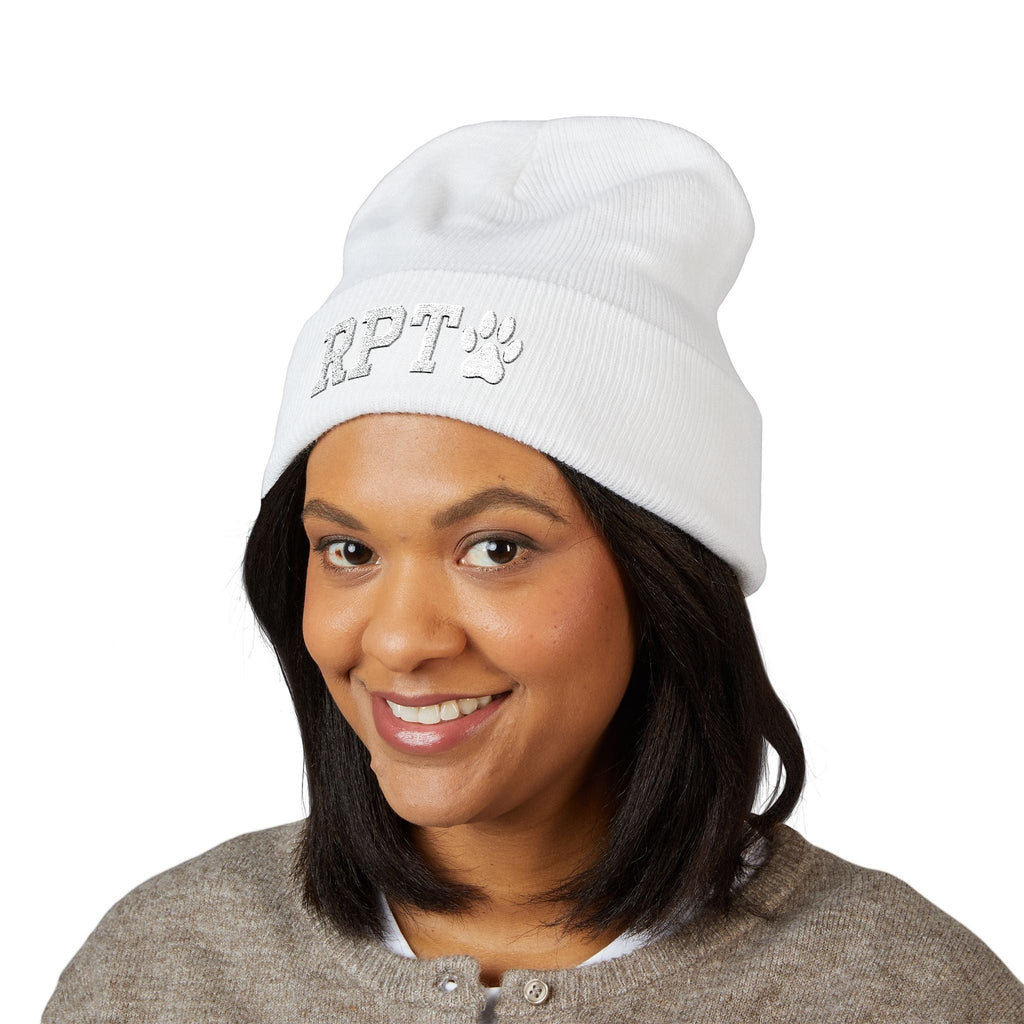 Ruff Part of Town white cuffed acrylic beanie with RPT paw embroidery. Cozy dog lover knit hat.
