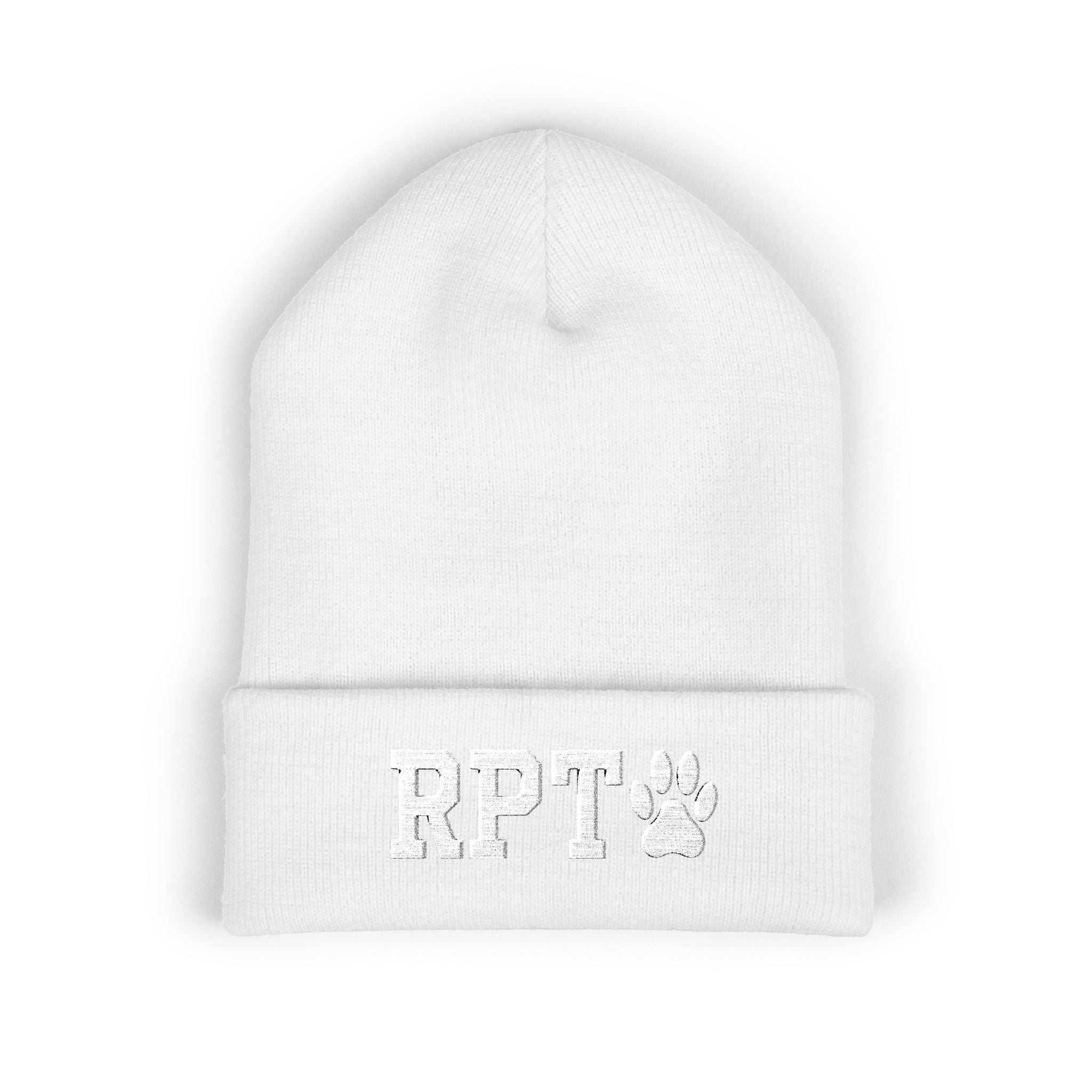 Ruff Part of Town white cuffed acrylic beanie with embroidered RPT logo and paw print.